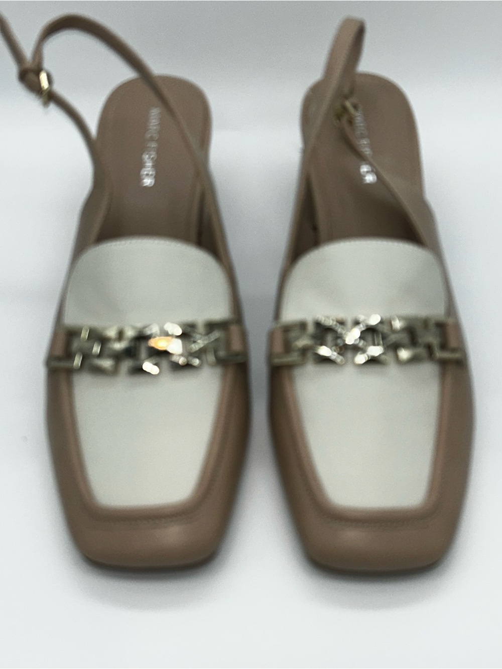 Marc Fisher Two-Tone Slingback Loafers in Cream and Tan with Gold Chain